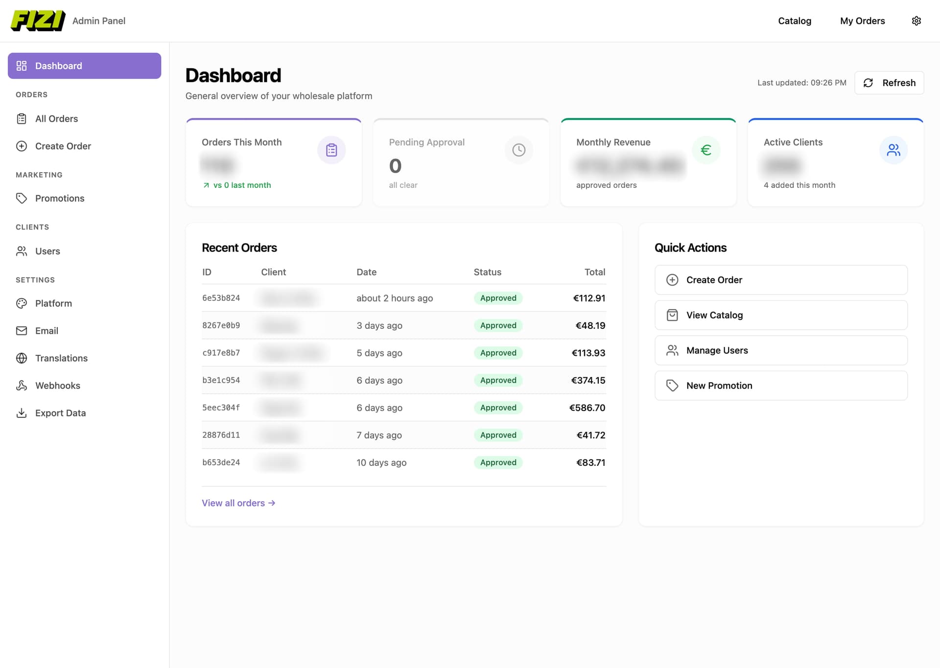 FIZI admin dashboard with metrics and recent orders