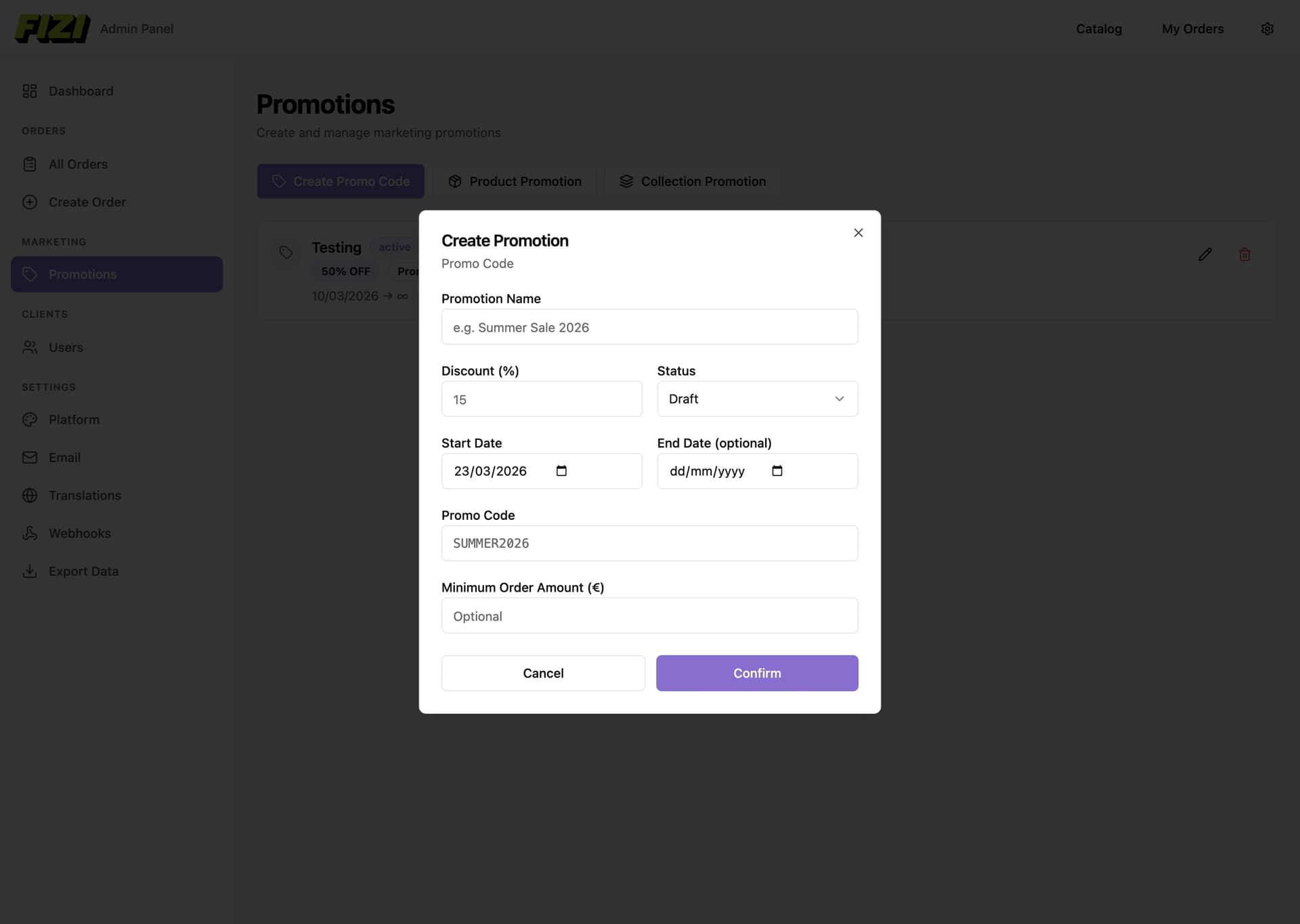 Promotions management with promo codes