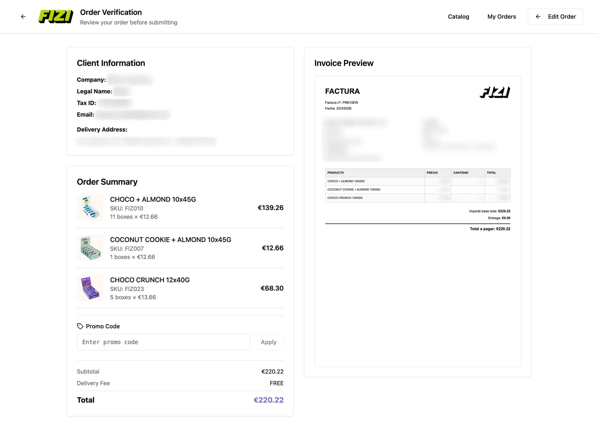 Order verification with invoice preview